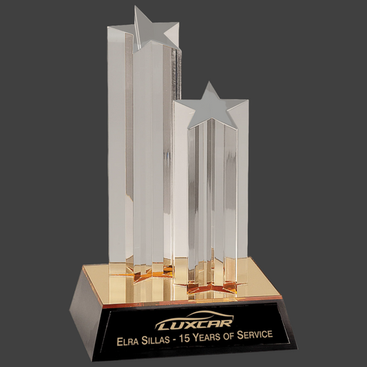 Clear Double Star Column Acrylic with Gold/Black Base 9.5"