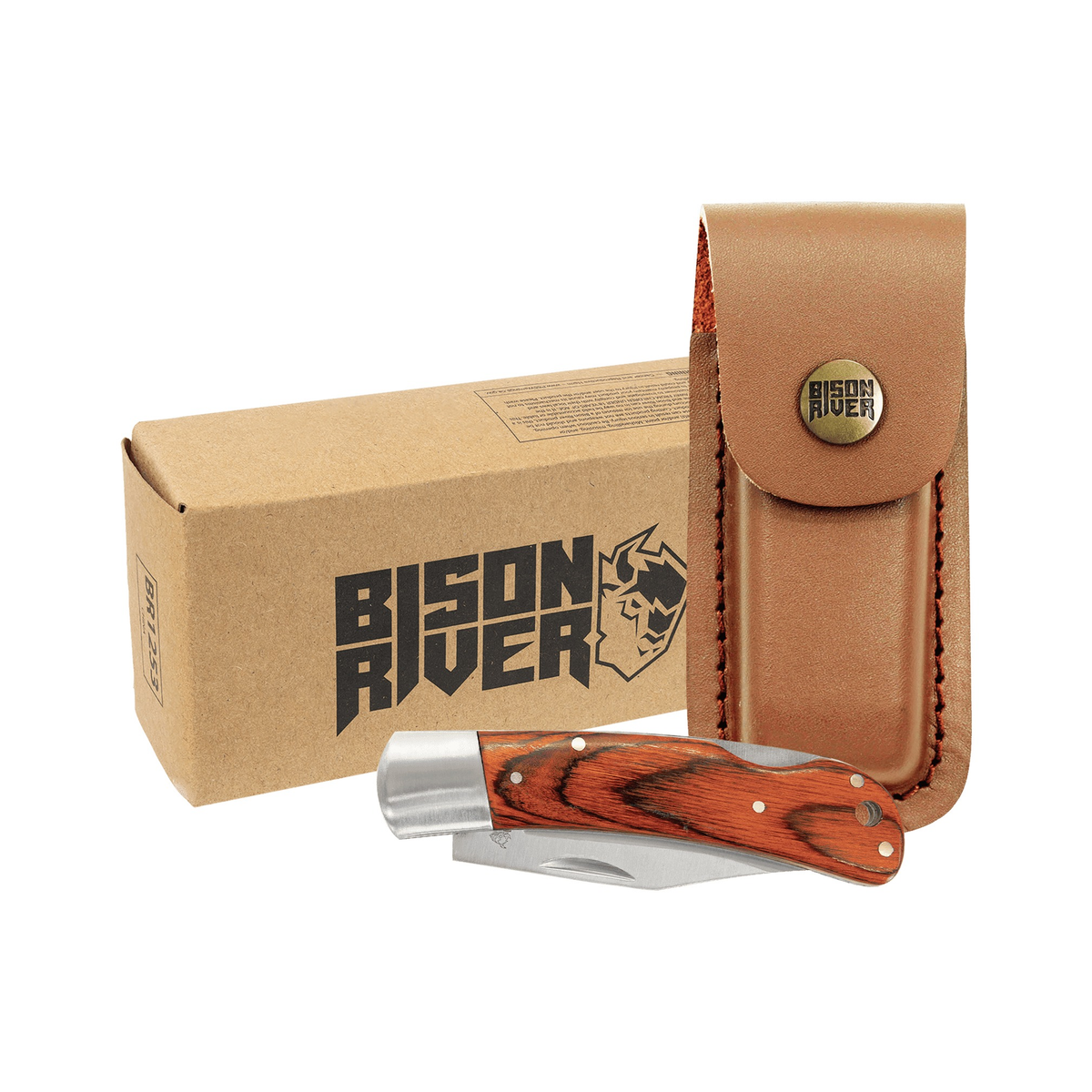 Bison River 4" Wood Folding Knife with Leather Sheath