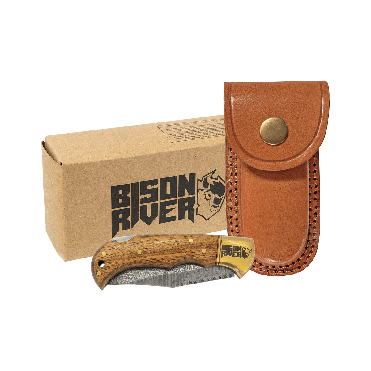 Bison River 3.75" Wood Folding Knife, Damascus Blade, Leather Sheath