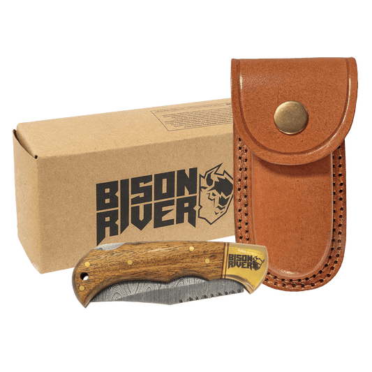 Bison River 3.75" Wood Folding Knife with Damascus Steel Blade and Leather Sheath