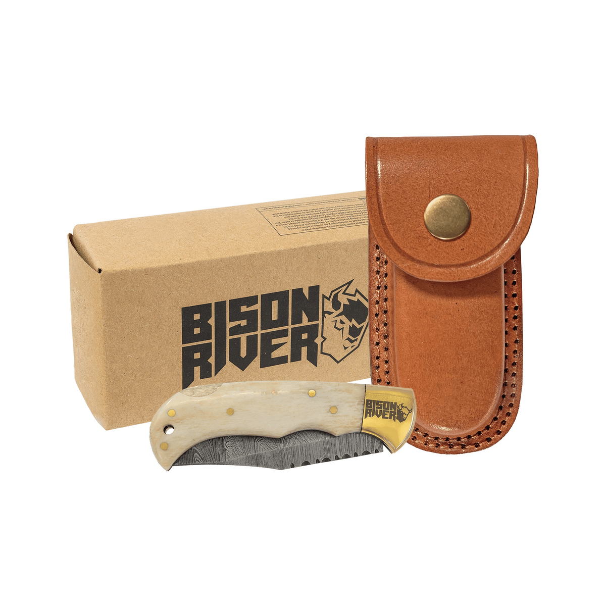 Bison River 3.75" Bone Folding Knife, Damascus Blade, Leather Sheath