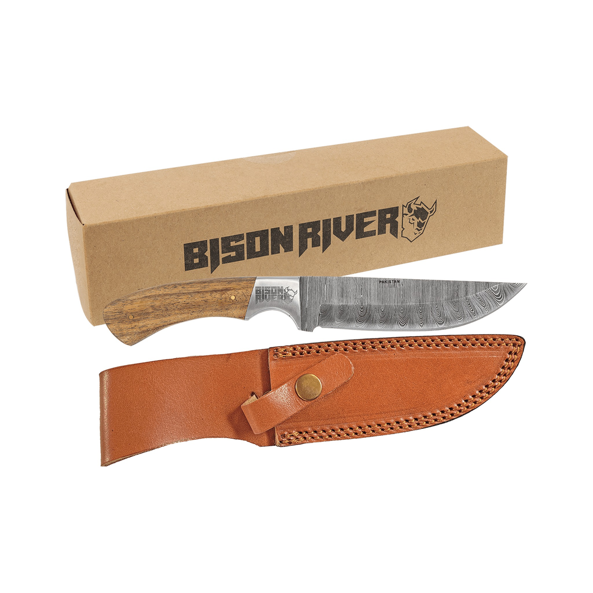 Bison River 9.5" Fixed Blade Wood Knife, Damascus, Leather Sheath