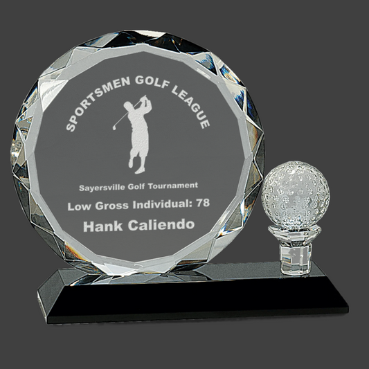 Round Facet Crystal with Golf Ball On Black Pedestal Base