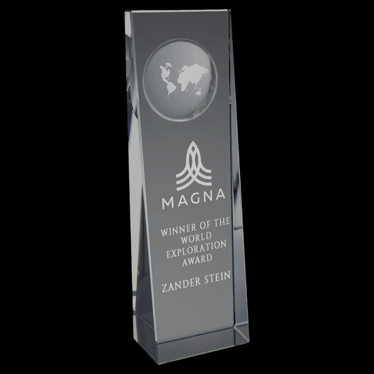 2.75" x 8.75" Clear Crystal Slant Front Rectangle with Engraved Globe
