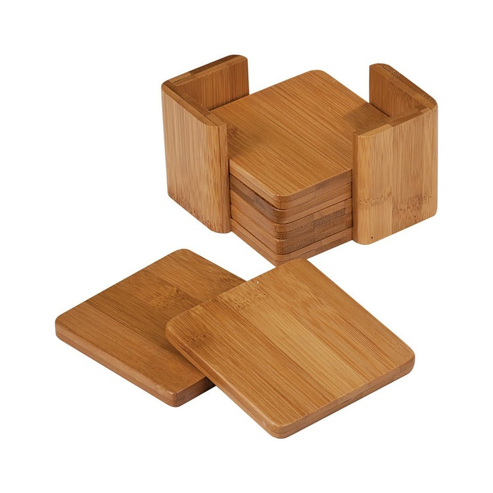 Bamboo Coaster Set of 6 with Holder, Square 3.75" x 3.75"