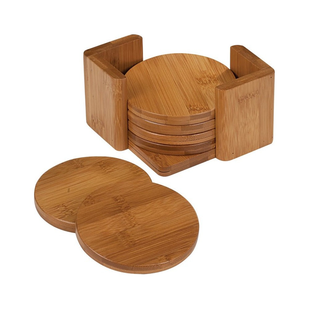 Bamboo Coaster Set of 6 with Holder, Round 3.75"