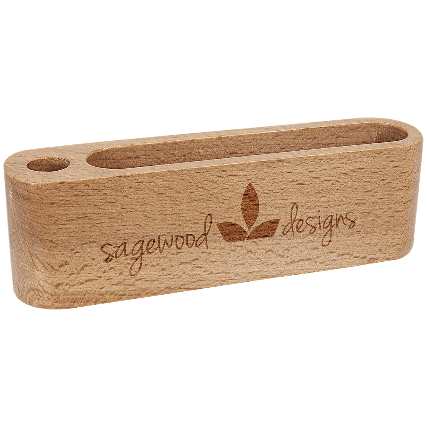5.25" Beech Wood Business Card and Pen Holder