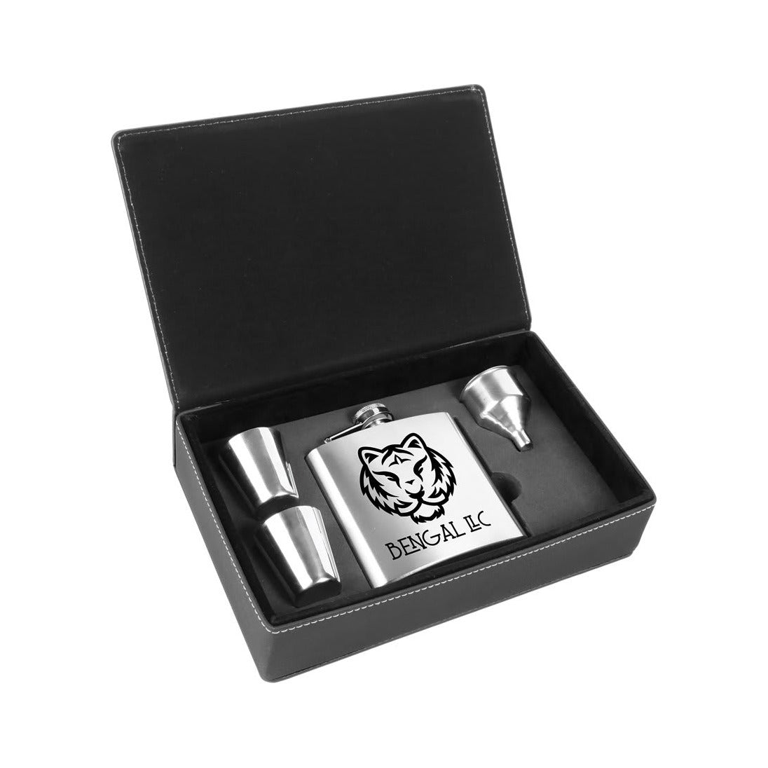 6 oz Stainless Steel Flask Gift Set In Black/Silver Leatherette Box