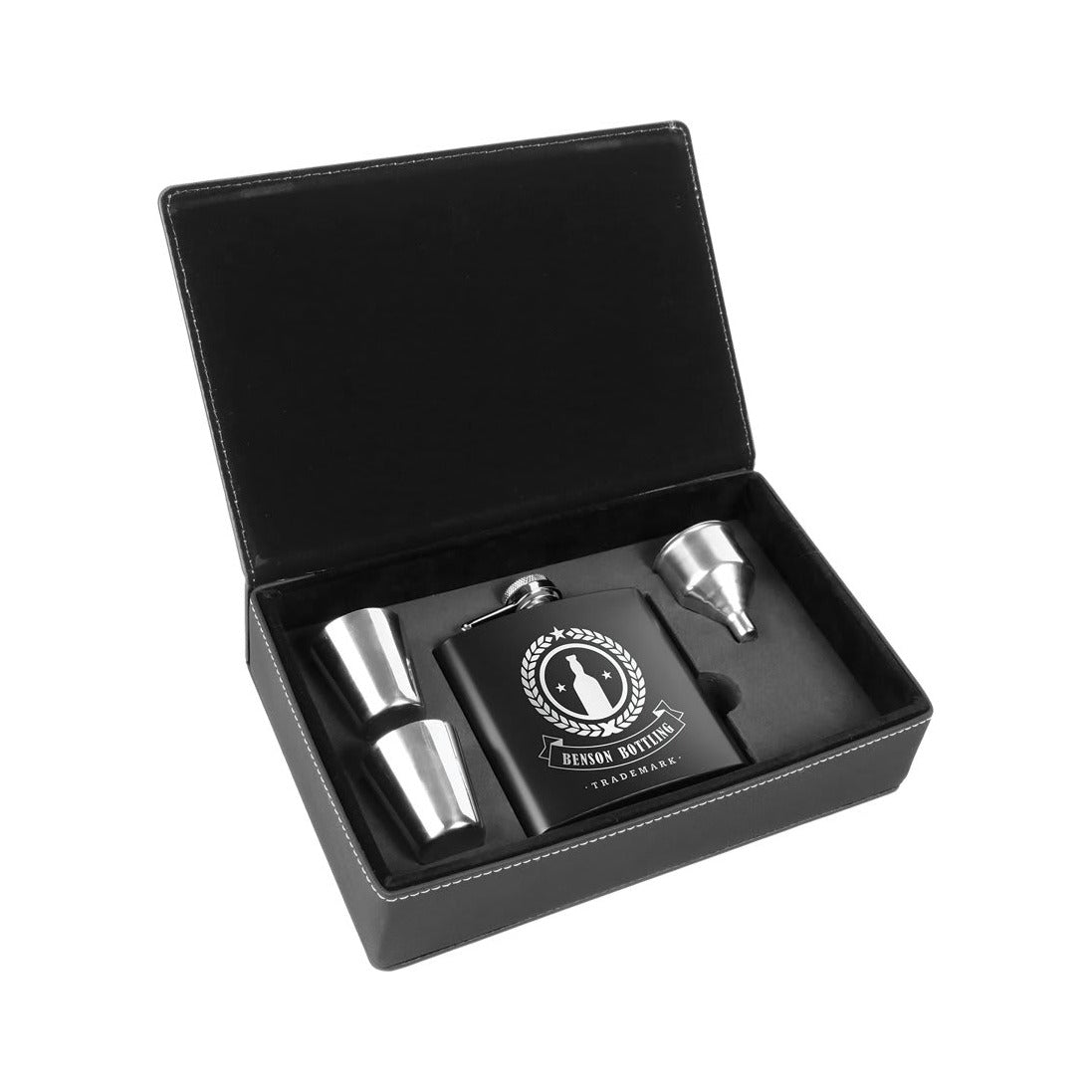 6 oz Stainless Steel Flask Gift Set In Black/Silver Leatherette Box