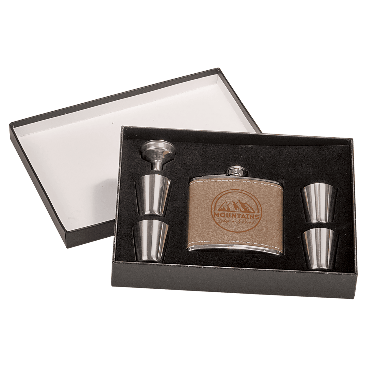 6 oz Flask Gift Set In Presentation Box with 4 Shot Glasses, Light Brown Leatherette