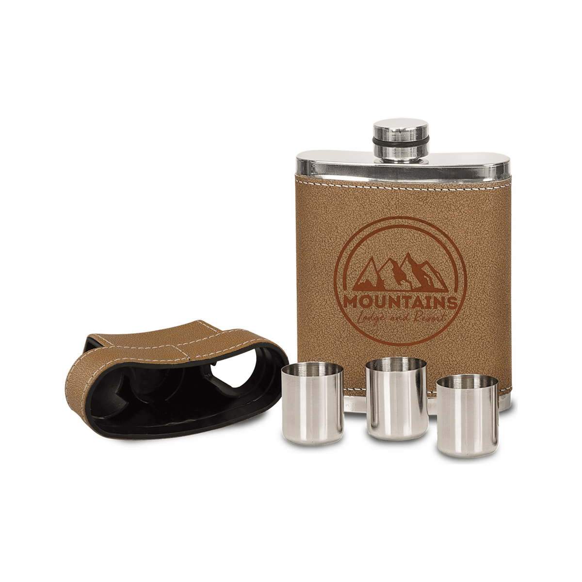 7 oz Leather Flask with Lid and 3 Shot Glasses