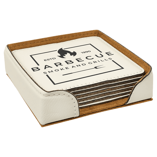 4" Square White Leatherette Coaster