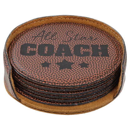 4" Round Football Leatherette Coaster