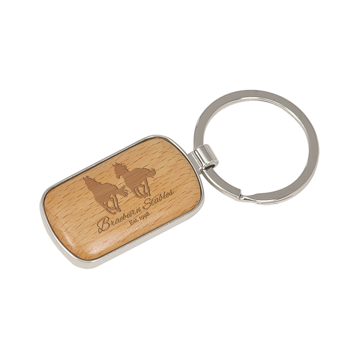 Silver/Beech Wood Rounded Corner Rectangle Keychain 1" x 1.75"