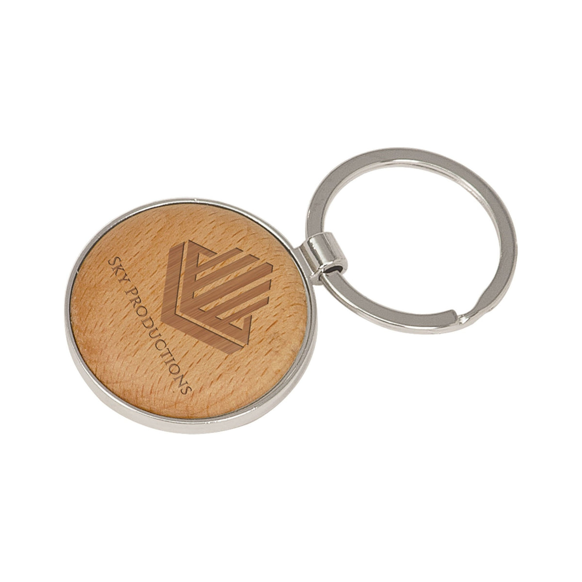 Silver/Beech Wood Round Keychain 1.625"