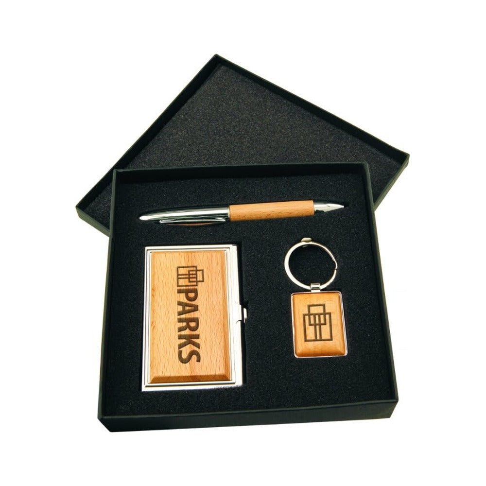 Silver/Wood Finish Gift Set with Business Card Case, Pen and Keychain