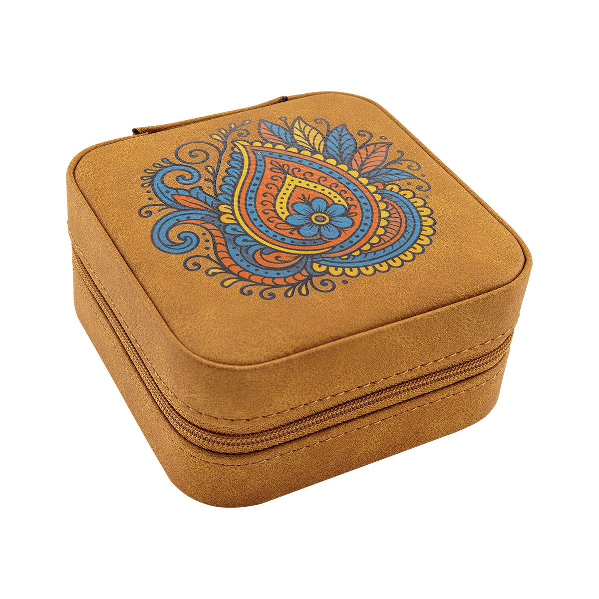 Leatherette Travel Jewelry Box 4" x 4", Light Brown