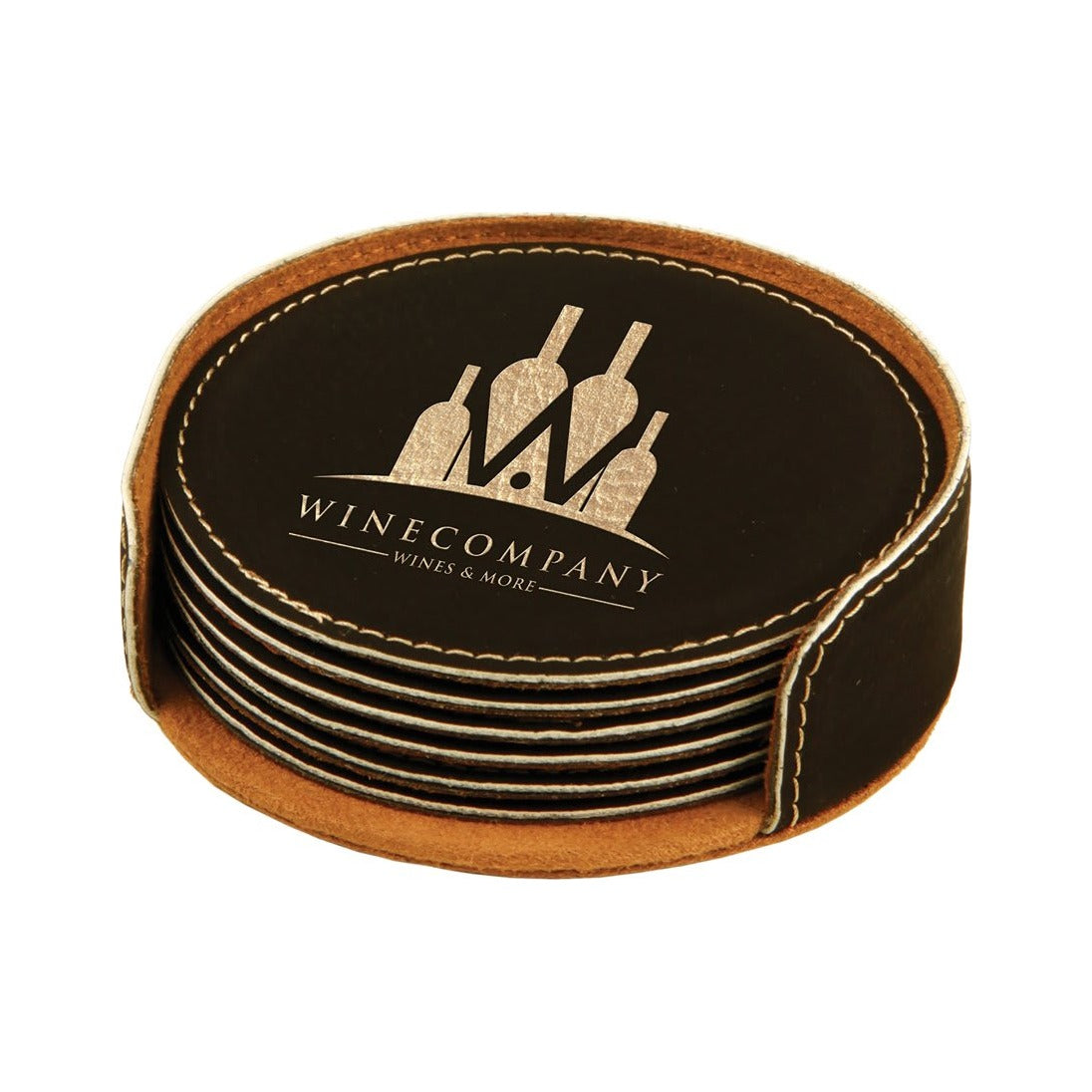 Leatherette Round Coaster 4", Black/Gold, Single