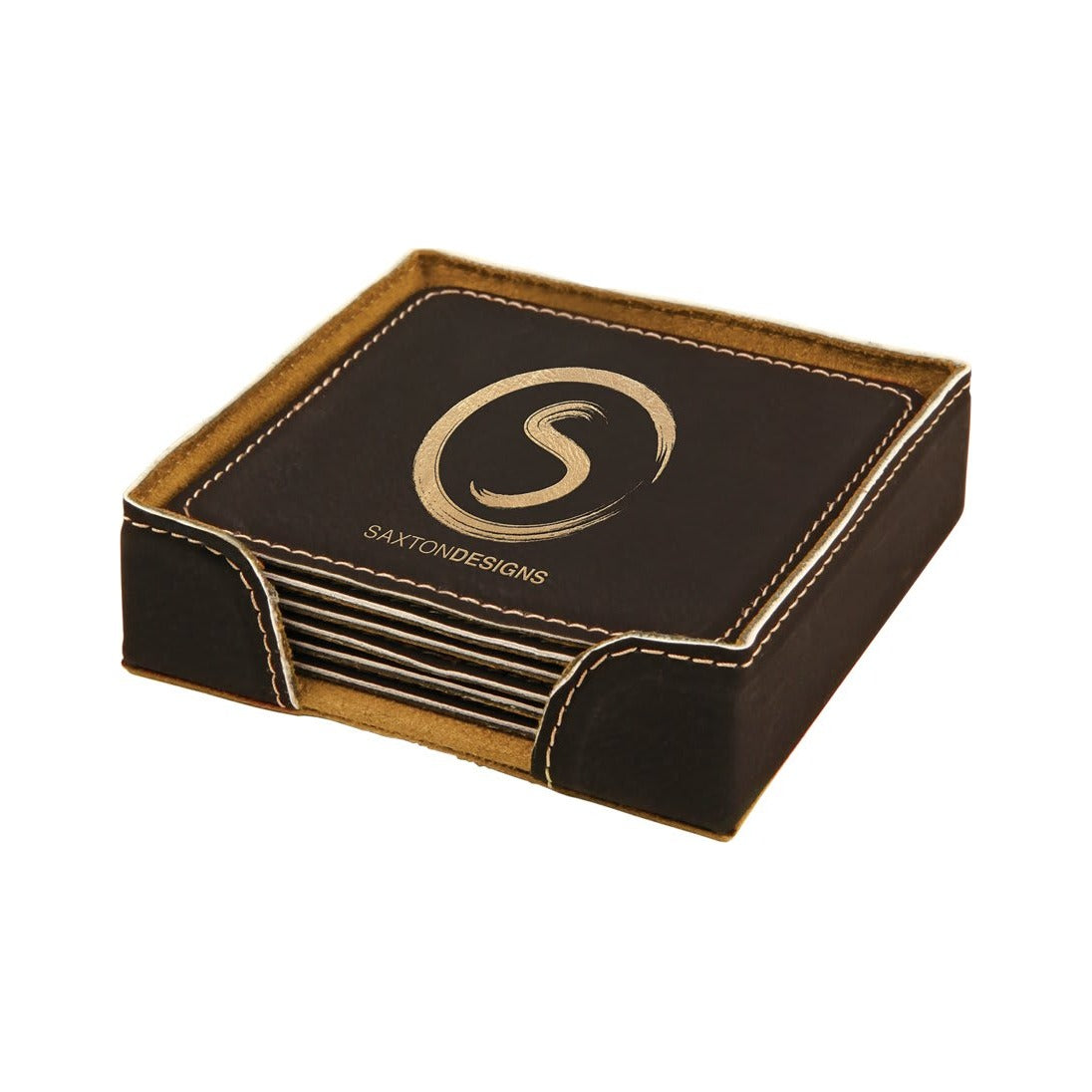 Leatherette Square Coaster 4", Black/Gold, Single