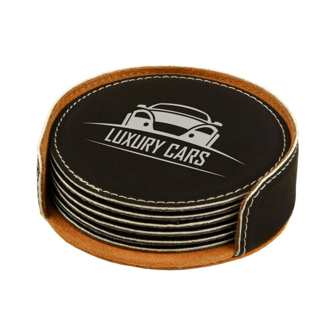 Leatherette Round Coaster 4", Black/Silver, Single