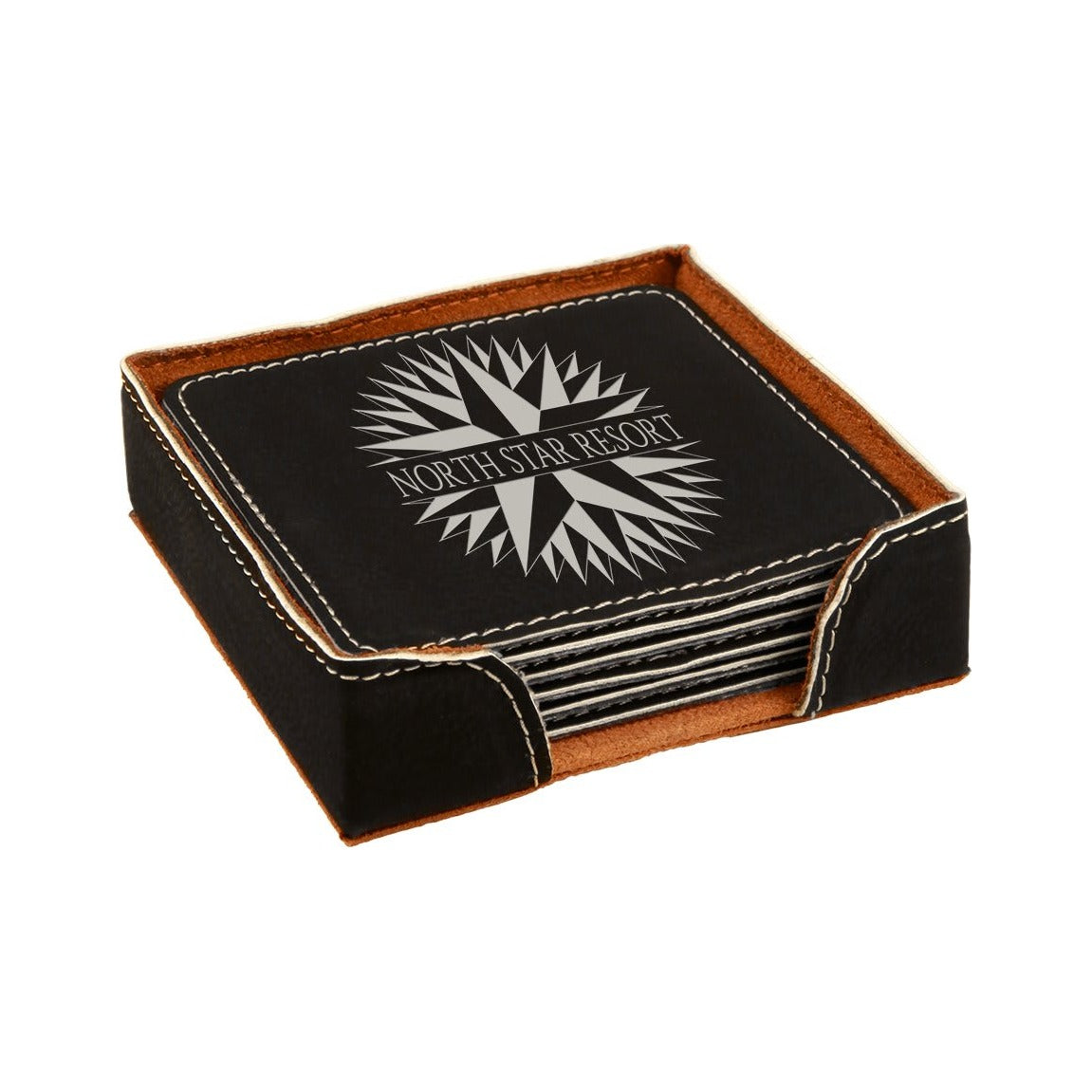 Leatherette Square Coaster 4", Black/Silver, Single