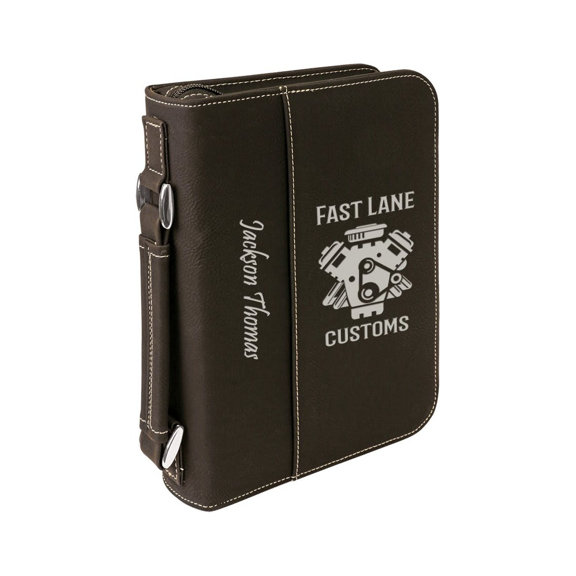 Leatherette Book/Bible Cover with Handle and Zipper, Black/Silver