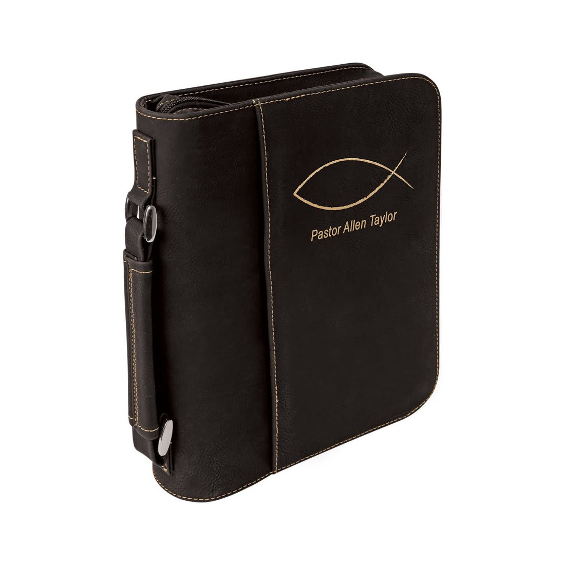 Leatherette Book/Bible Cover with Handle and Zipper, Black/Gold