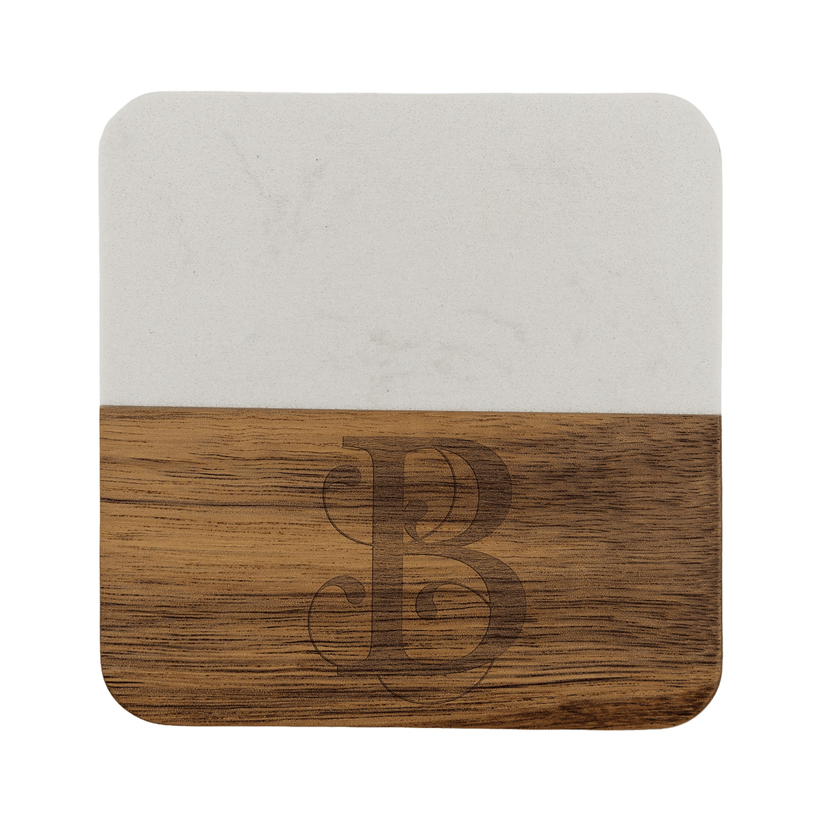 Acacia Wood Coaster with Marble Accent 4", Single, White Marble / Square