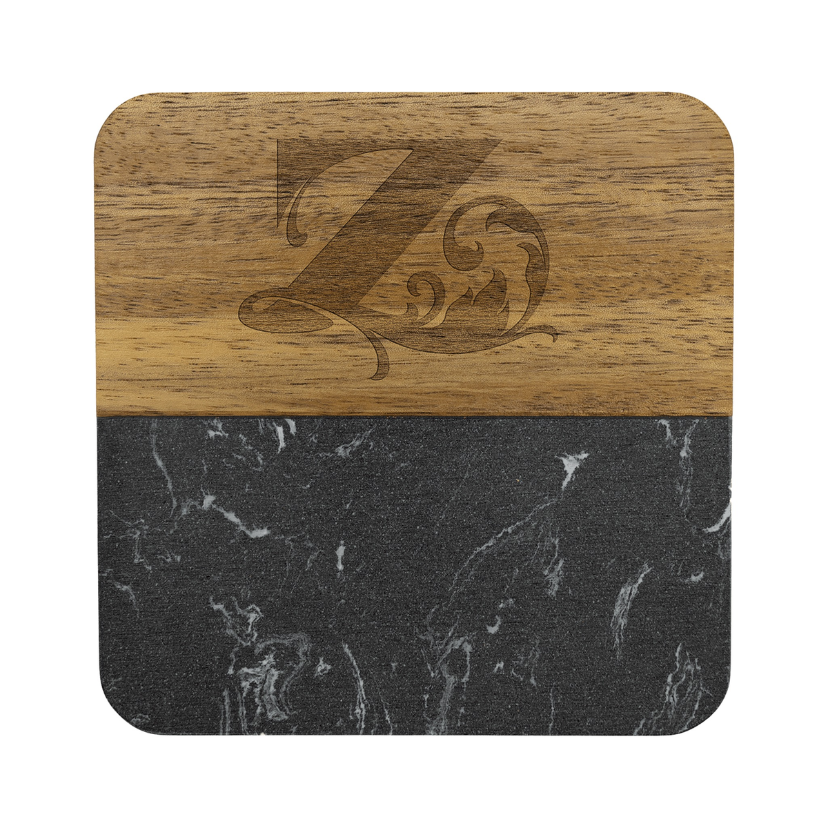 Acacia Wood Coaster with Marble Accent 4", Single, Black Marble / Square