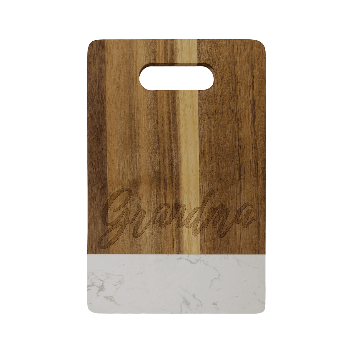 Acacia Wood Cutting Board with Marble Accent and Handle, 9" x 6" / White Marble