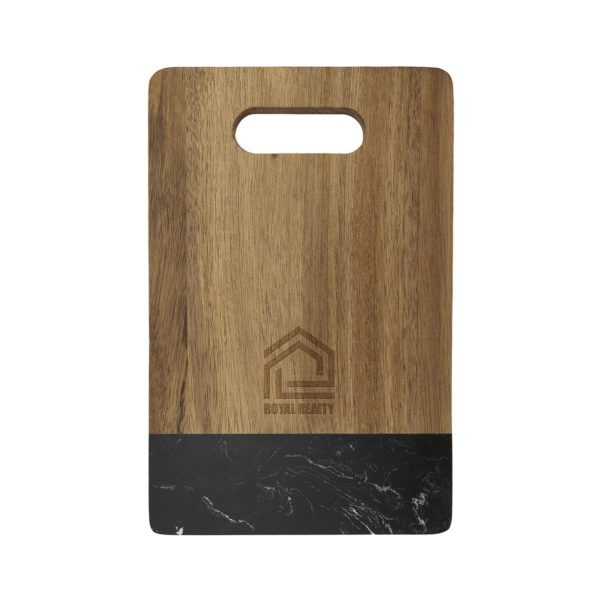 Acacia Wood Cutting Board with Marble Accent and Handle, 9" x 6" / Black Marble