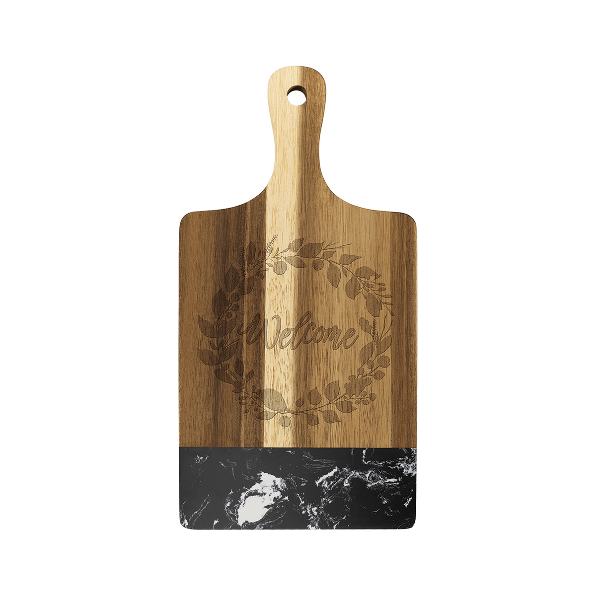 Acacia Wood Paddle Cutting Board with Marble Accent 13.5" x 7", Black Marble