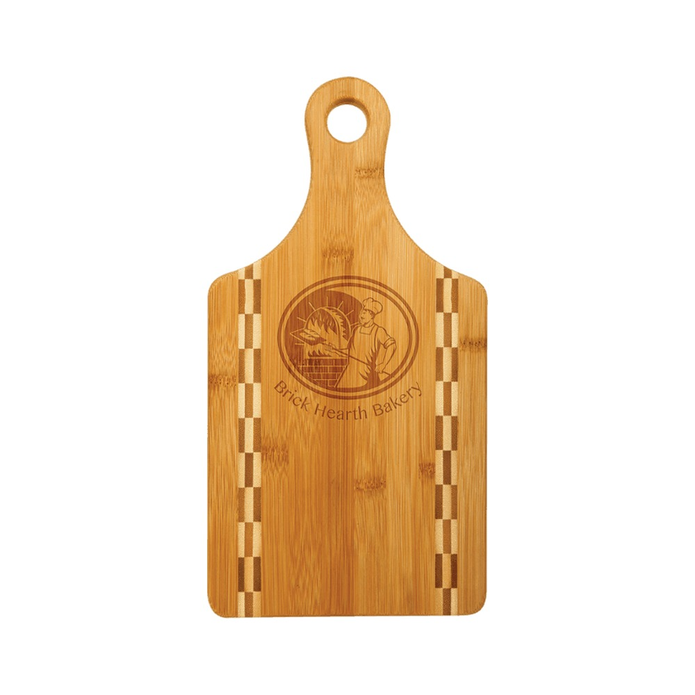 Paddle Shaped Bamboo Cutting Board with Butcher Block Inlay, 13.5" x 7"
