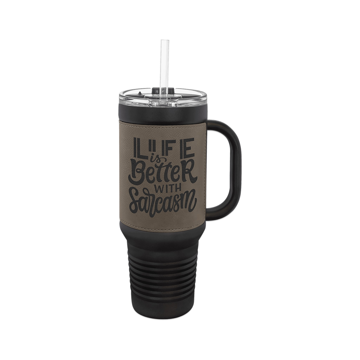 40 oz Leatherette Travel Mug with Handle and Straw, Polar Camel