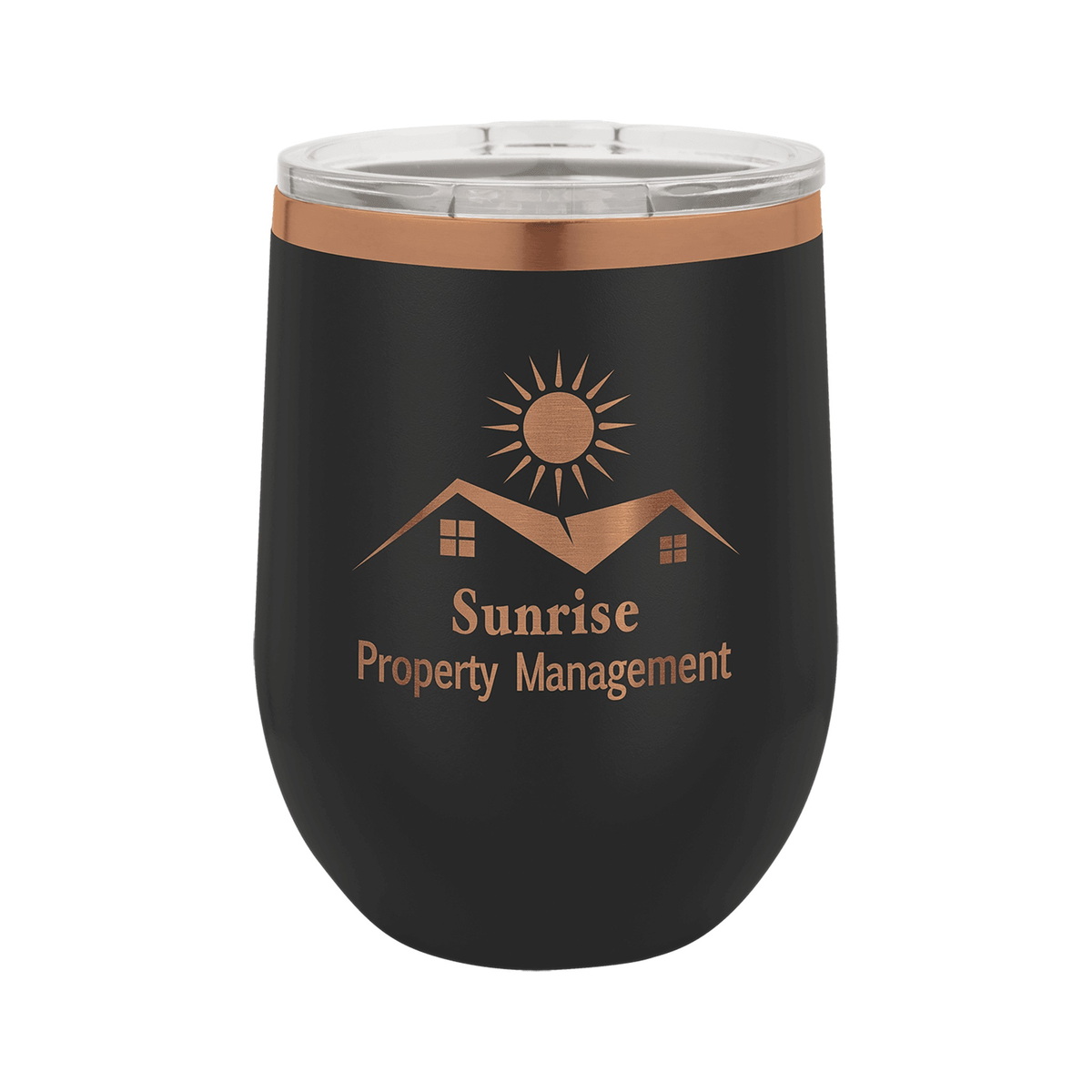 12 oz Stemless Wine Tumbler with Lid, Black/Rose Gold, Polar Camel
