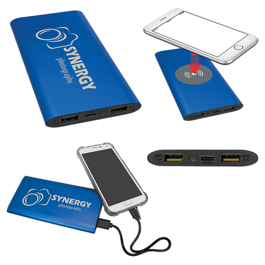 8000 mAh Power Bank & Wireless Anodized Aluminum Charger with USB-C Cord