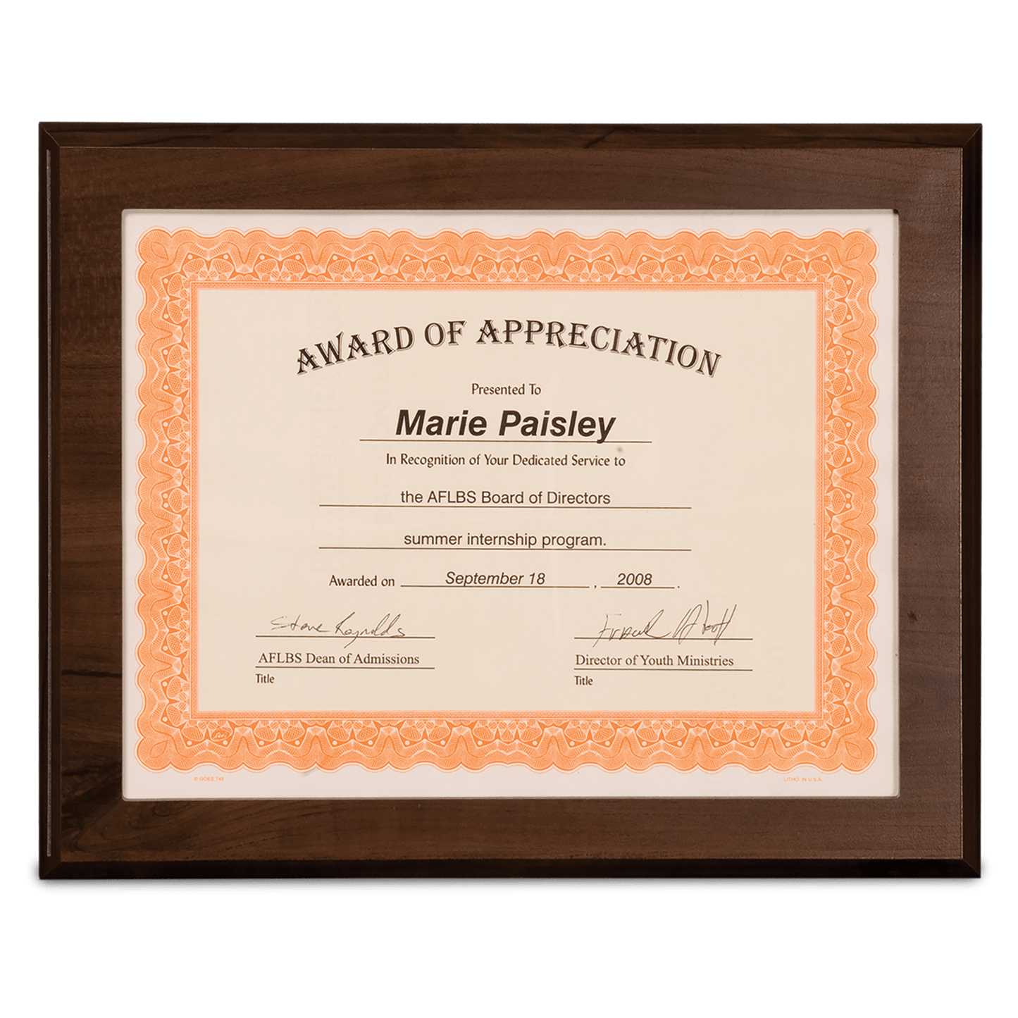10.5" x 13" Cherry Finish Slide-In Frame Plaque with 8.5" x 11" Window