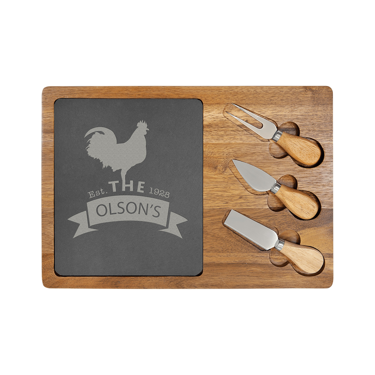 Acacia Wood/Slate Rectangle Cheese Set with Three Tools 13.75" x 9.75"
