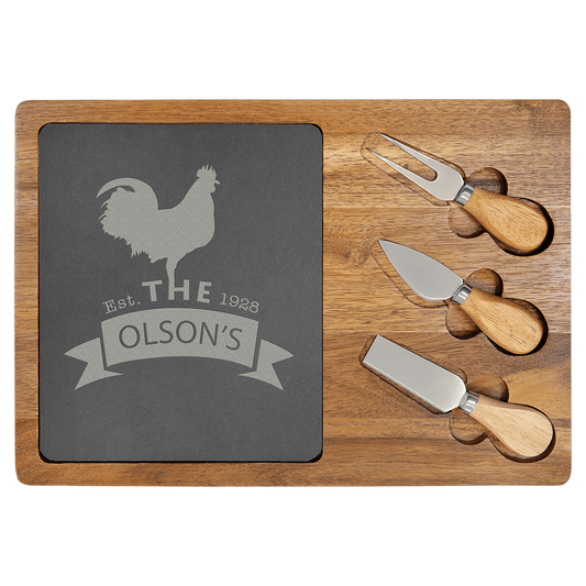 Acacia Wood/Slate Rectangle Cheese Set with Three Tools 13.75" x 9.75"