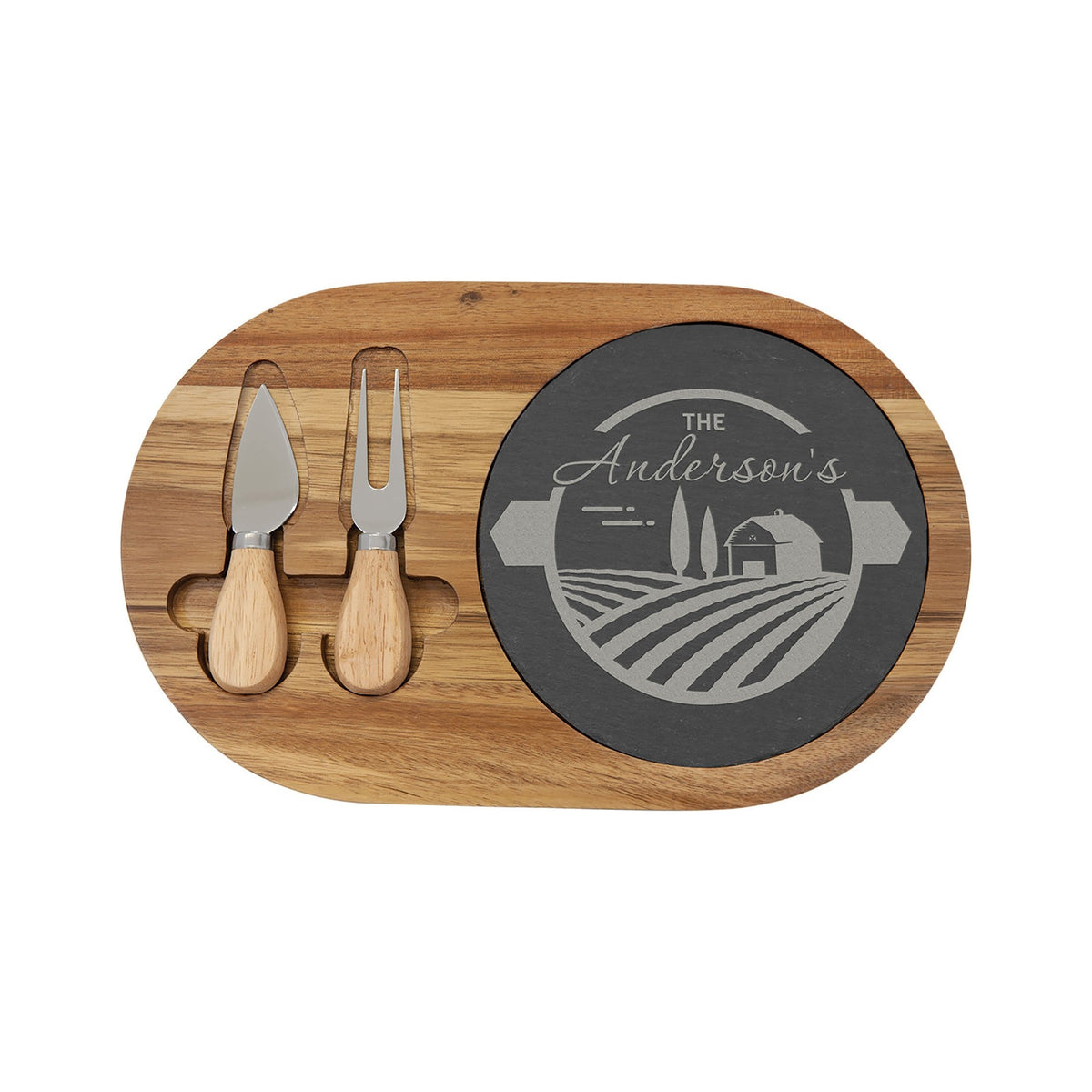 Acacia Wood/Slate Oval Cheese Set with Two Tools 12.5" x 7.75"
