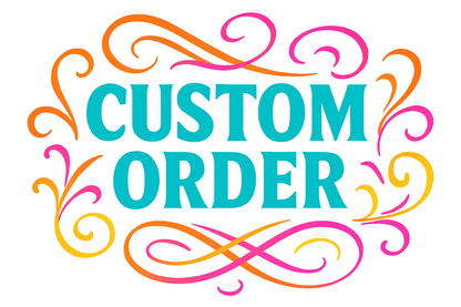 Colorful 'Custom Order' text with decorative swirls on a white background